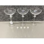 Three Lalique crystal drinking glasses and four matching stirrers