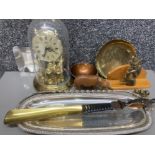 An anniversary clock, brass shoe horn, wooden letter holder with brass imp etc