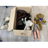 Soft toys by Peeks of Bournemouth etc, a 1960s plastic doll etc