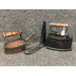 Two antique irons and a cobbler’s laste