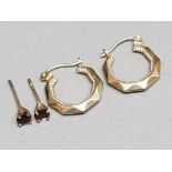 9ct gold & garnet stud earrings together with unmarked hoop earrings (possibly gold) 1.1g