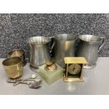 Three tankards, onyx table lighter, silver plated items