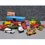 Box of diecast vehicles including Corgi Chipperfield circus caravan, Kermit the frog, tom & Jerry