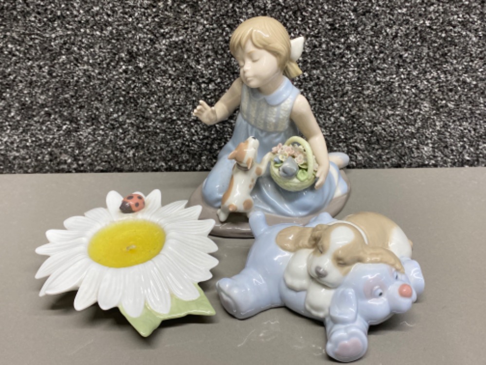 2x Nao by Lladro ornaments ladybird candlestick and sleeping puppy, also includes a Nadal girl