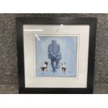 An oil painting by Jan Smith in the style of Alexander Miller a man walking dogs, signed 25 x 25cm