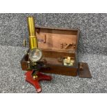 Vintage brass microscope with original mahogany storage box & specimen slides