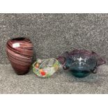 Studio art glass vase and dish, and a glass basket with tulip design