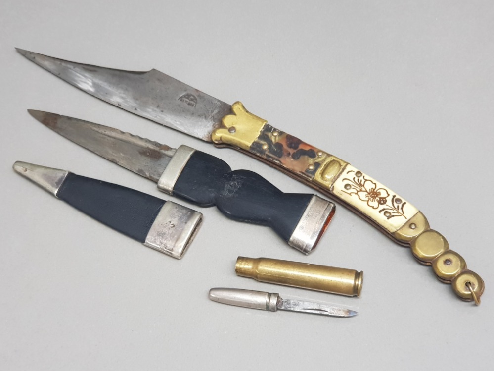 Lot comprising of 3 knives includes Scottish Skein Dhu (sock knife), a turkish folding knife &