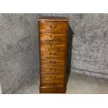 Narrow mahogany 4 drawer chest with red leather top (simulating 8 drawers) with key, 49.5x61cm,