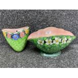 2x pieces of green Maling lustre - wall pocket & flower bowl