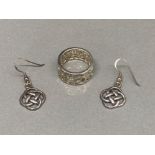 A pair of silver Celtic design earrings and a Rennie Macintosh style ring size O 9.8g