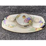 Vintage Maling lustre 4 piece dressing table set, comprising of lidded pot, tray & pair of candle