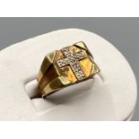 9ct gold signet style diamond ring. Featuring a cross with diamonds, size Q 5.2g