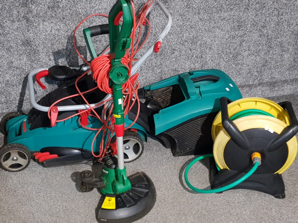 Bosch electric lawn more together with a Qualcast strimmer & hose pipe with reel