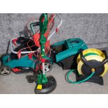 Bosch electric lawn more together with a Qualcast strimmer & hose pipe with reel