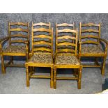 Set of 6 Oak ladder back dining chairs - 2x carvers & 4x singles