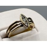 9ct gold diamond 3 stone ring. Comprising of 3 round cut diamonds in a Marquis shape Chanel set on a