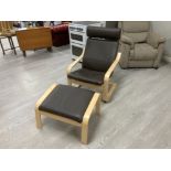 A leatherette and bentwood armchair and footstool