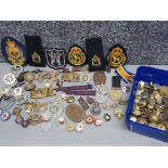2 boxes of military badges, buttons, red cross badges, commemorative medallions, cotter pins &