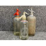 3 vintage soda siphons including Schweppes & Crawfords glass