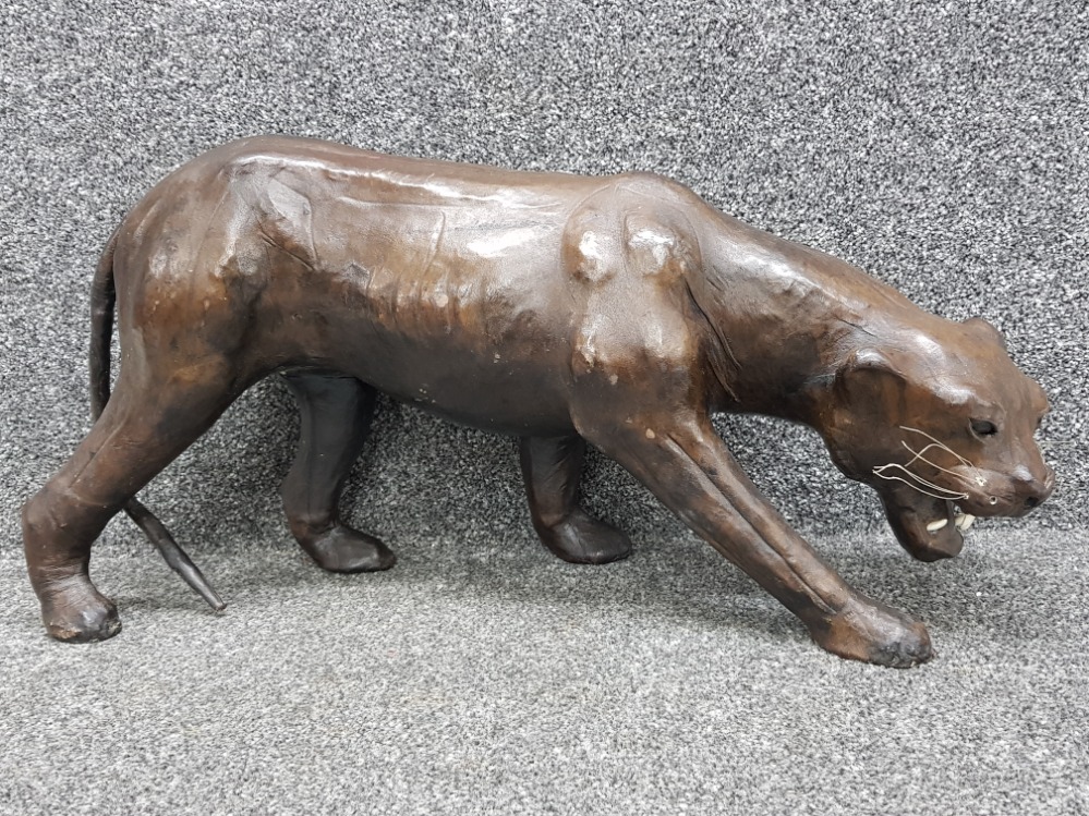 Large Genuine vintage leather sculpture of a mountain lion, length 61cm x height 31cm