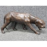 Large Genuine vintage leather sculpture of a mountain lion, length 61cm x height 31cm