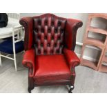 Red leather (Ox blood) chesterfield wing back fireside armchair