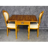Solid Yew-wood drop leaf breakfast table & 2 matching chairs (table fitted with single drawer)