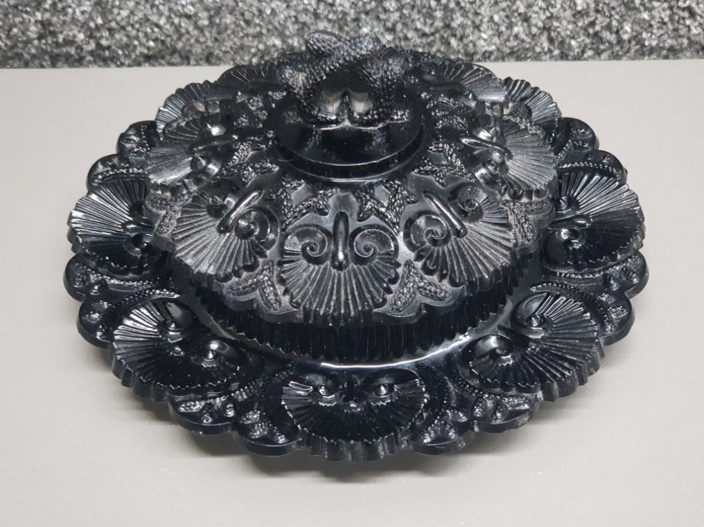 Very rare 1880's Geo Davidson & Co jet black glass butter dish with cover in the shell & coral