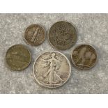 Total of 5 silver American coins includes 1942 Half Dollar, 1914 & 1945 five cents, 1937 Dime &