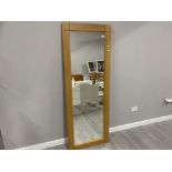 Tall rectangular shaped hall mirror with light oak frame, over all size 6ft 2”