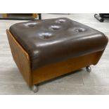 Teak G-plan storage footstool with brown leather seat pad