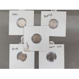 5x silver indian 2 annas coins dated 1841, 1894, 1897, 1898 & 1916