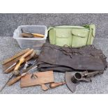 Box containing miscellaneous vintage handtools (planes, screwdriver etc) plus green tool bag & brown