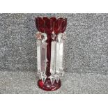 Large 12½" Ruby lustre vase, the top being flower-like with cupped petals, lustres intact