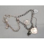 Silver charm bracelet with 3 charms & padlock catch together with a silver 3 bar gate bracelet,