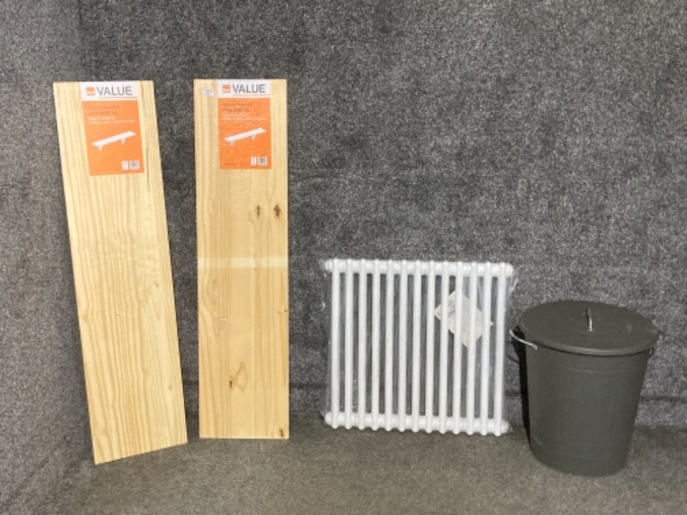 Pair of B & Q wooden bracket shelves, a radiator and a waste bin