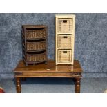 A Mexican pine coffee table and two wicker drawers