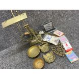 Mixed brass items & brass effect table lamp together with decks of cards etc