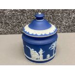 A 19th century Wedgwood blue jasperware sugar bowl and cover 11.5cm high