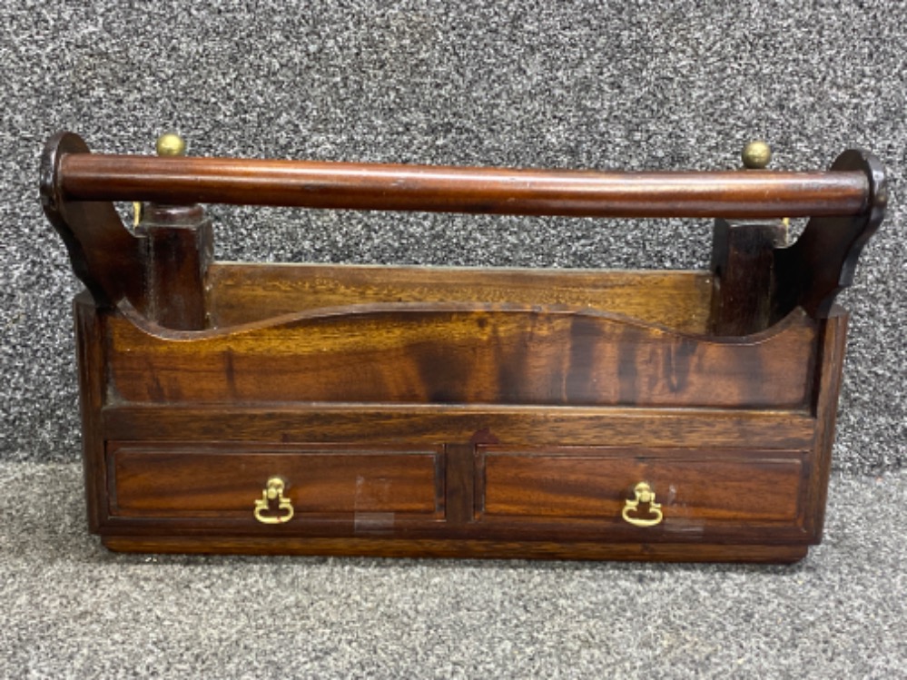 Mahogany wall shelf fitted with 2 drawers & twin brass coat hooks