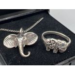 Silver 925 elephant pendant with chain and elephant ring