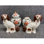James Kent old foley ginger jar & lidded vase plus a pair of Staffordshire style dogs