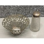 A white metal reticulated mount for a bowl and a silver top sugar shaker 47.3G total (excluding