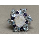 Silver Moonstone & Topaz cluster ring, size Q, 9.8G