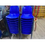 Total of 20 blue plastic on metal leg supports stacking chairs