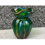 Loetz Kralik iridescent green lobed vase necked with quatrefoil fluted top, height 11cms