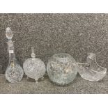 Cut glassware to include a decanter, basket and vase, together with a moulded glass pot and cover