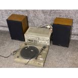 Vintage Hitachi music system includes Stereo Receiver, Cassette tape deck, Turntable and pair of