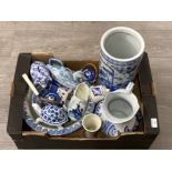 A Chinese blue and white stick stand, delftware, piggy bank etc